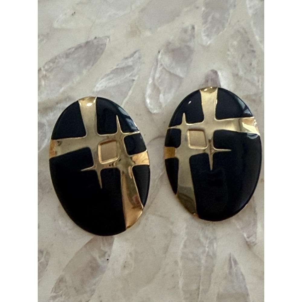 VTG 80s Couture Black Enamel Modern Deco Style Gold Tone Clip Earrings